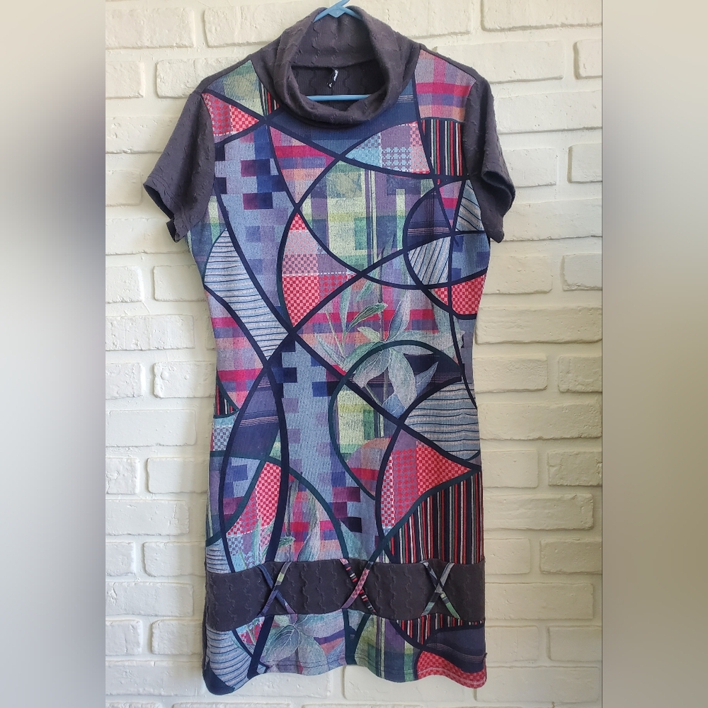 Smash! Abstract Patchwork Midi Cowl Neck Sweater Dress Short Sleeves Boho Hippie - Picture 5 of 16